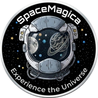 Space Magica mission badge: an astronaut helmet reflecting the planets